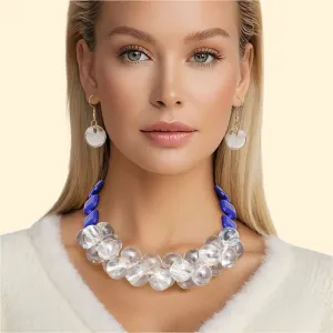Elegance Meets Edge: Blue & Clear Bubble Bead Necklace Set