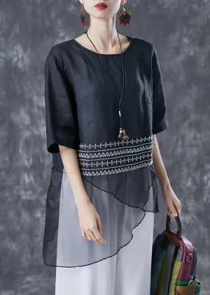 Elegant Black Embroideried Tulle Patchwork Linen Top Summer LY4078