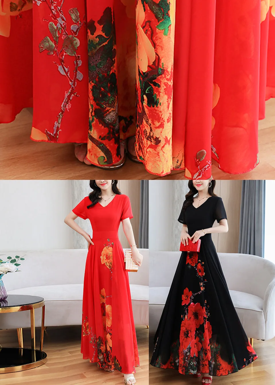 Elegant Black Print Chiffon Maxi Holiday Dress Summer LY1705