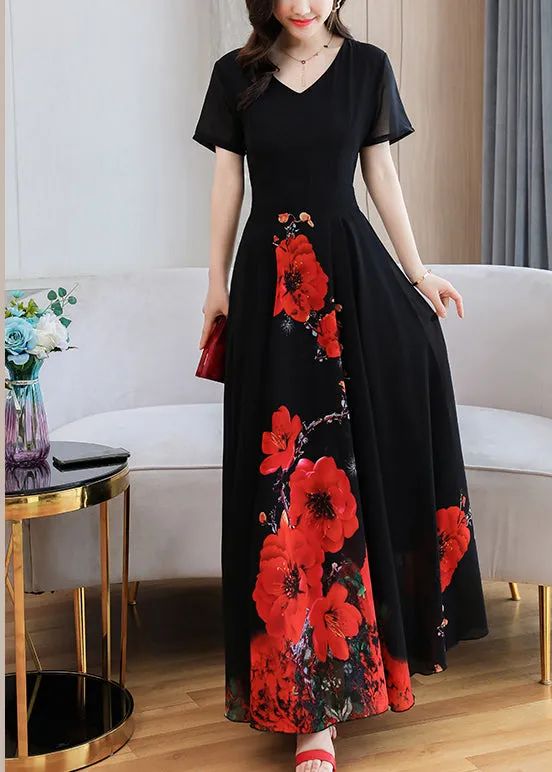 Elegant Black Print Chiffon Maxi Holiday Dress Summer LY1705