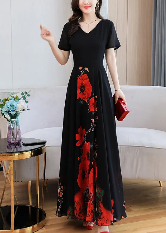 Elegant Black Print Chiffon Maxi Holiday Dress Summer LY1705