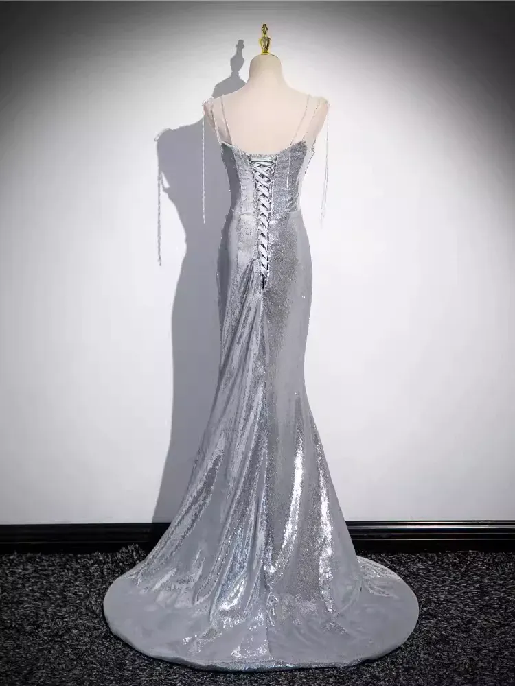 Elegant Silver Sequin Mermiad Prom Dress Long Evening Dress SH1037