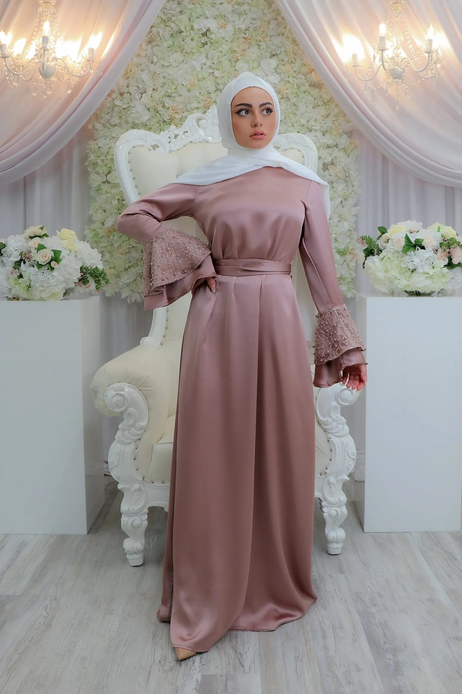 Ella VIP Luxury Pearl Satin Dress- Dusty Rose