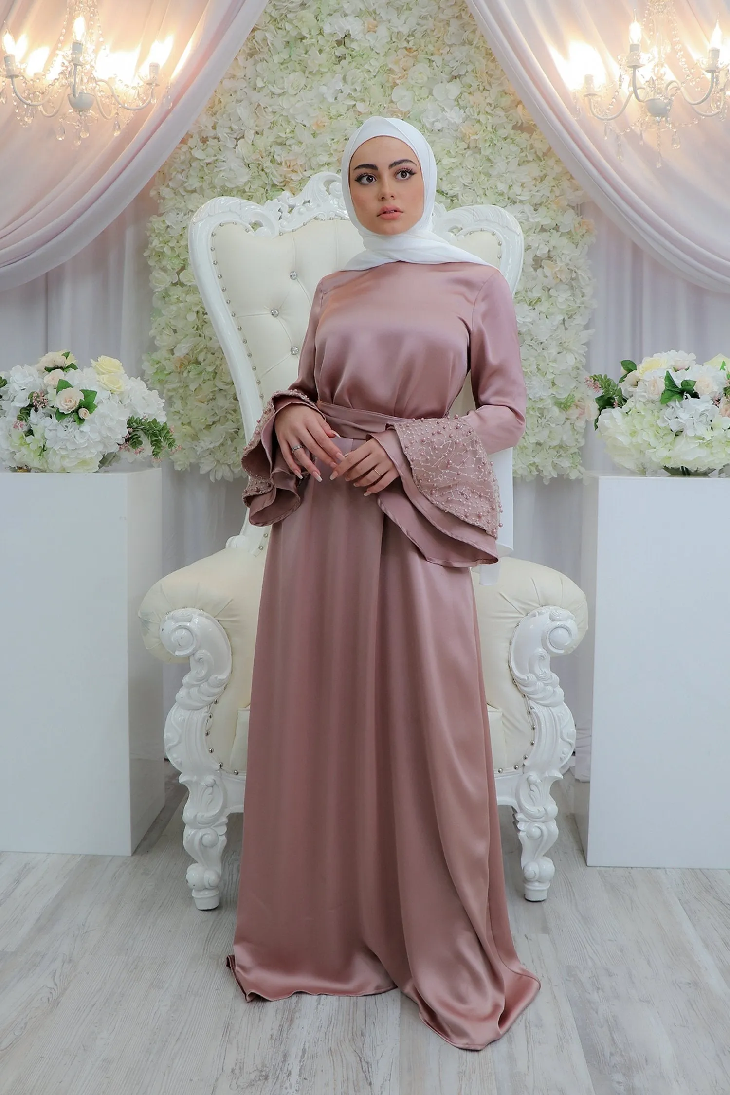 Ella VIP Luxury Pearl Satin Dress- Dusty Rose