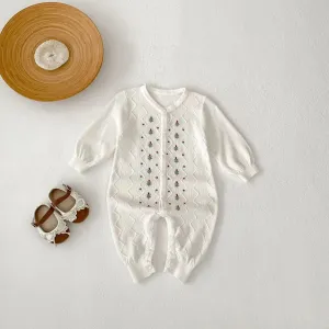 Embroidered Flower Print Knit Romper