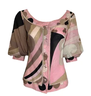 Emilio Pucci Pink and Brown "Clubs" Puff Sleeve Cotton Blouse