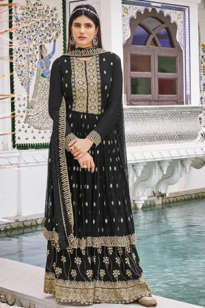 Enchanting Black Pure Georgette Embroidered Sharara Suit