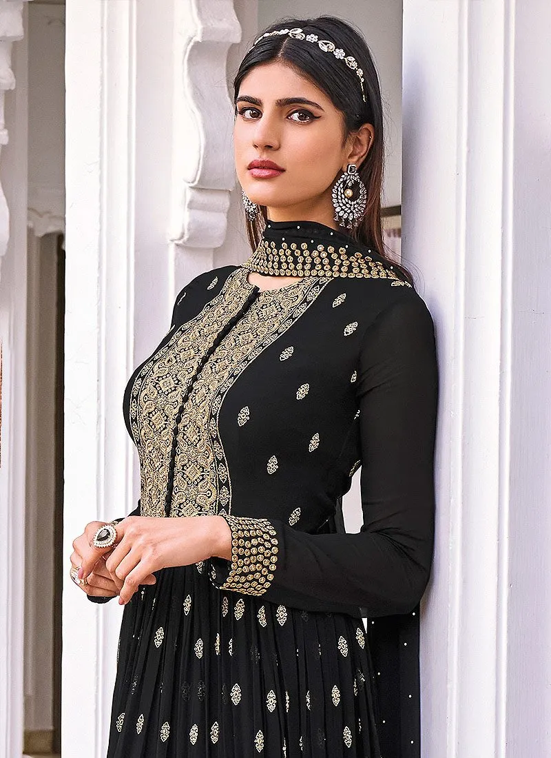 Enchanting Black Pure Georgette Embroidered Sharara Suit