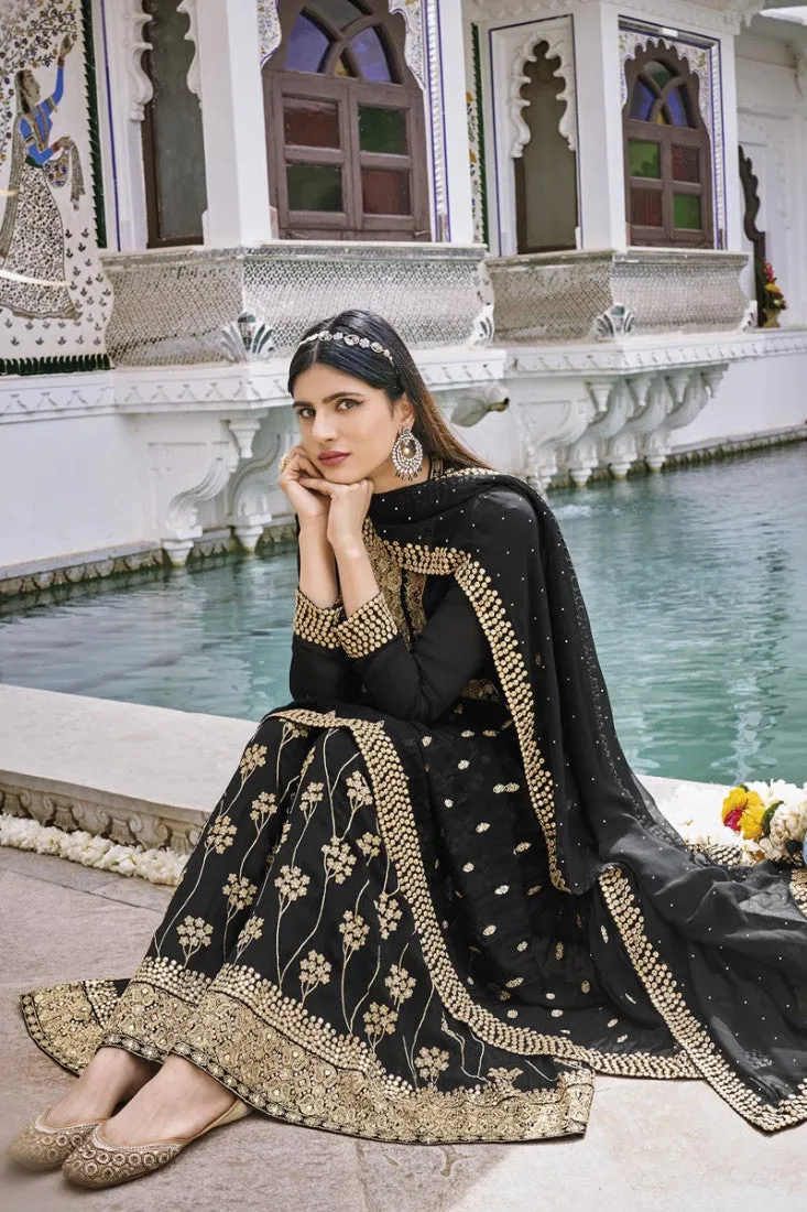 Enchanting Black Pure Georgette Embroidered Sharara Suit