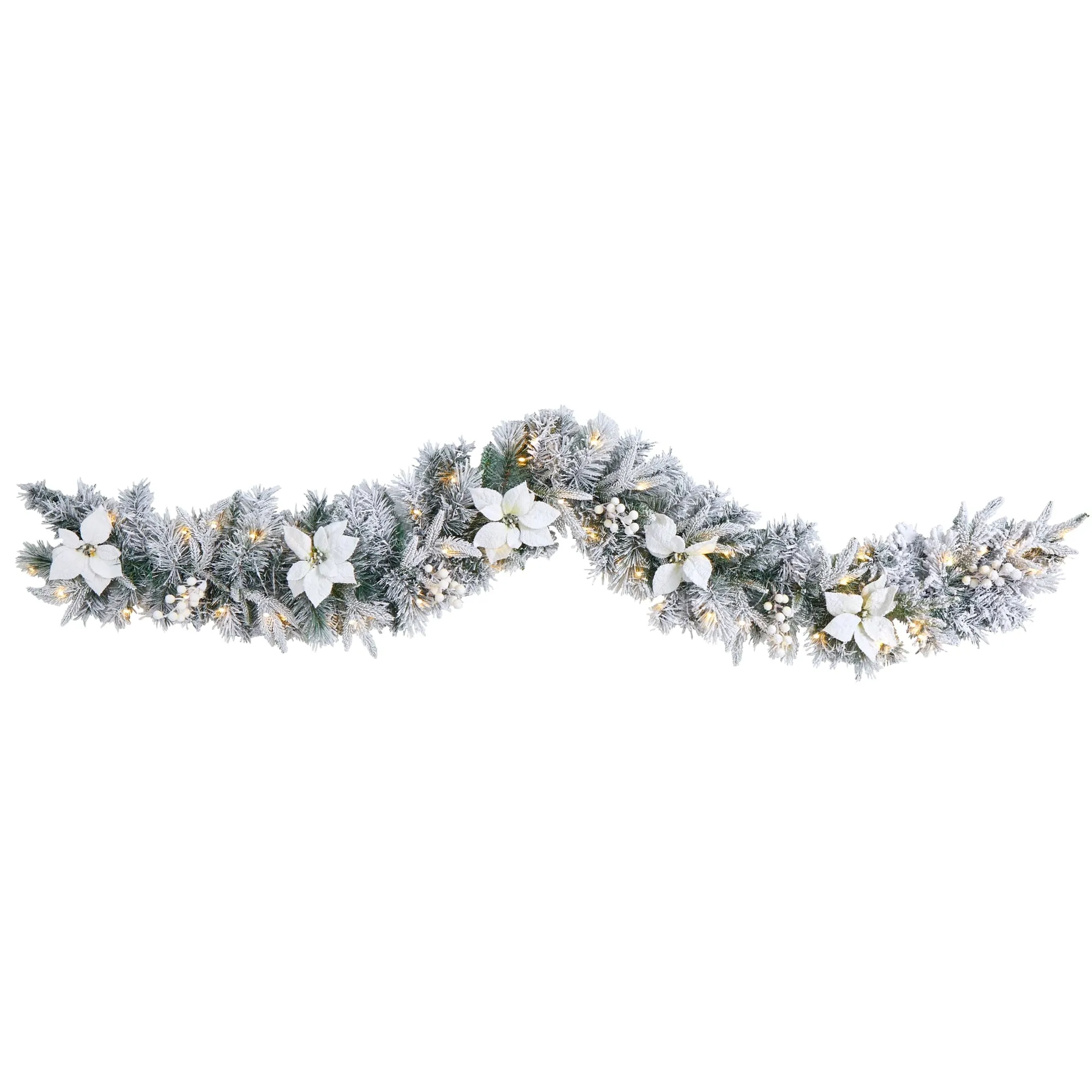 everyday Christmas Poinsettia Berry Flocked White Prelit Battery Operated Garland, 72" (White)