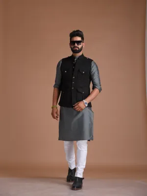 Exclusive Black Faux Suede Leather Half Hunting Style Jacket with Kurta Pajama Set | Perfect for Casual wear, Festive wear|