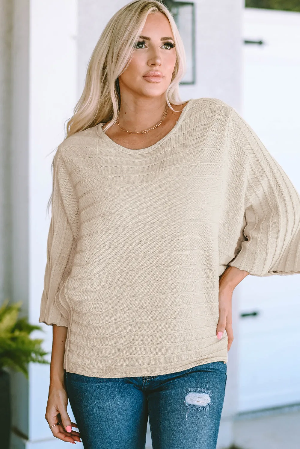 Exposed Seam Ribbed Knit Dolman Sweater