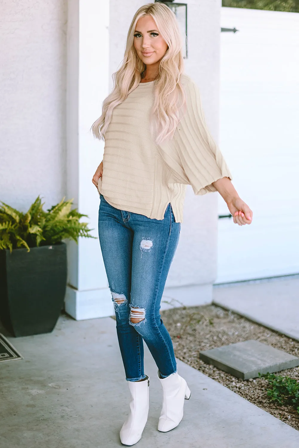 Exposed Seam Ribbed Knit Dolman Sweater