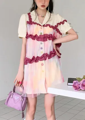 Fashion Turtleneck Patchwork Ruffled Button Tulle Shirts Dresses Summer LY0749
