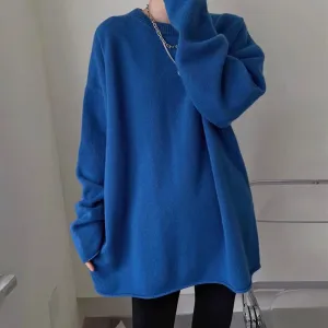 Fashionkova  Senior 100% Pure Cashmere Sweater Women Klein Blue Sweater Round Neck Loose Thickened Medium Long Knitted Sweater