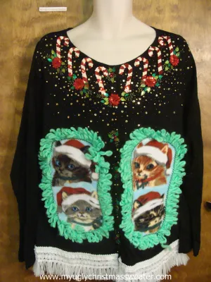 Festive Candy Canes Ugly Christmas Cat Sweater