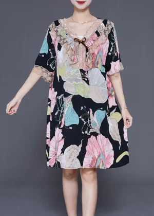 Fine Black Print Lace Patchwork Cotton Holiday Dress Summer LY3695