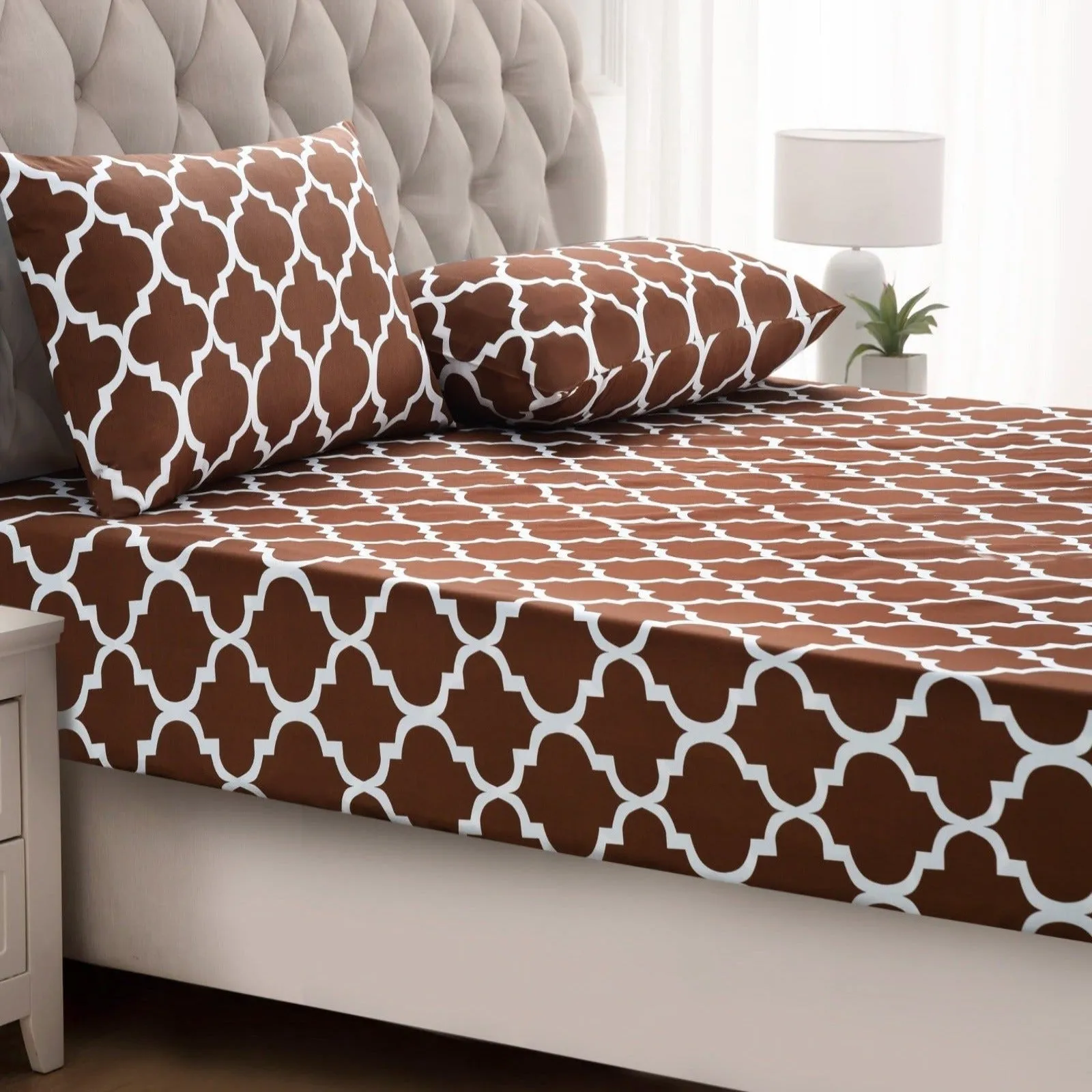 Fitted Bed Sheet-Brown Geometric