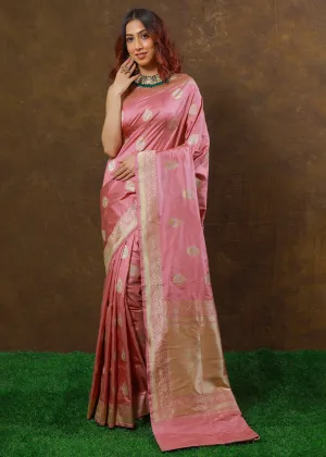 Flamingo Pink Hand Woven Pure Katan Silk Saree