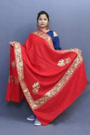 Flawless Red Color Kashmiri Tilla Work Embroidered Shawls Enriched With New Designer Border Pattern