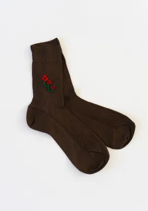 Floral Embroidered Sock with Brown Poppy