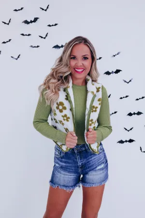 Floral Flair Sherpa Vest - Olive