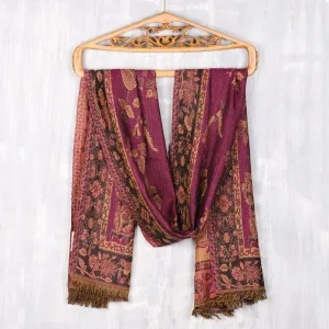 Floral Motif Jamawar-Style Wool Scarf in Azalea from India - Azalea Garden | NOVICA