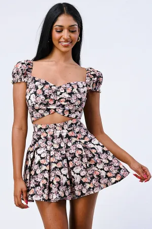 FLORAL SWEETHEART CROP TOP AND FLARED SKIRT SET