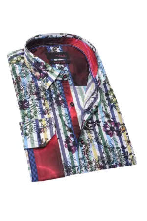 Flowers And Stripes Button Down Shirt W/Trim