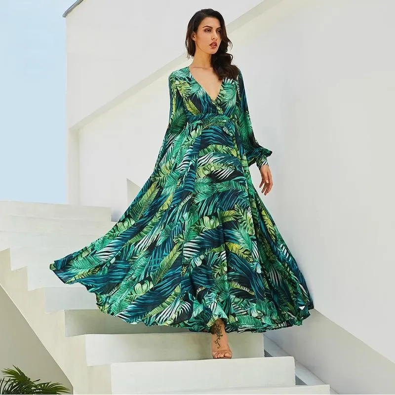 Flowing Tropical Summer V-Neck Maxi Dress