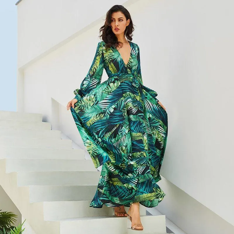 Flowing Tropical Summer V-Neck Maxi Dress
