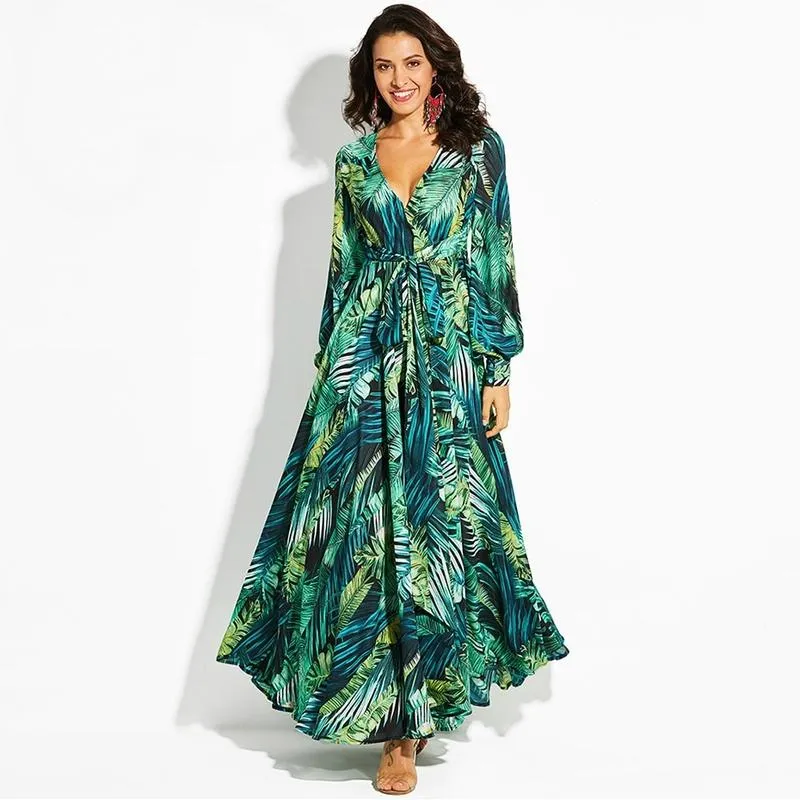 Flowing Tropical Summer V-Neck Maxi Dress