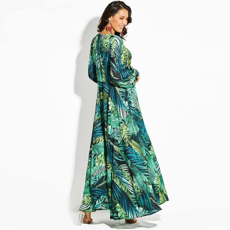 Flowing Tropical Summer V-Neck Maxi Dress
