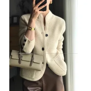 Flytonn-Autumn Winter New Thickened 100% Cashmere Wool Cardigan Women Stand Neck Sweater Sweater Loose Knit Base Wool Sweater Jacket