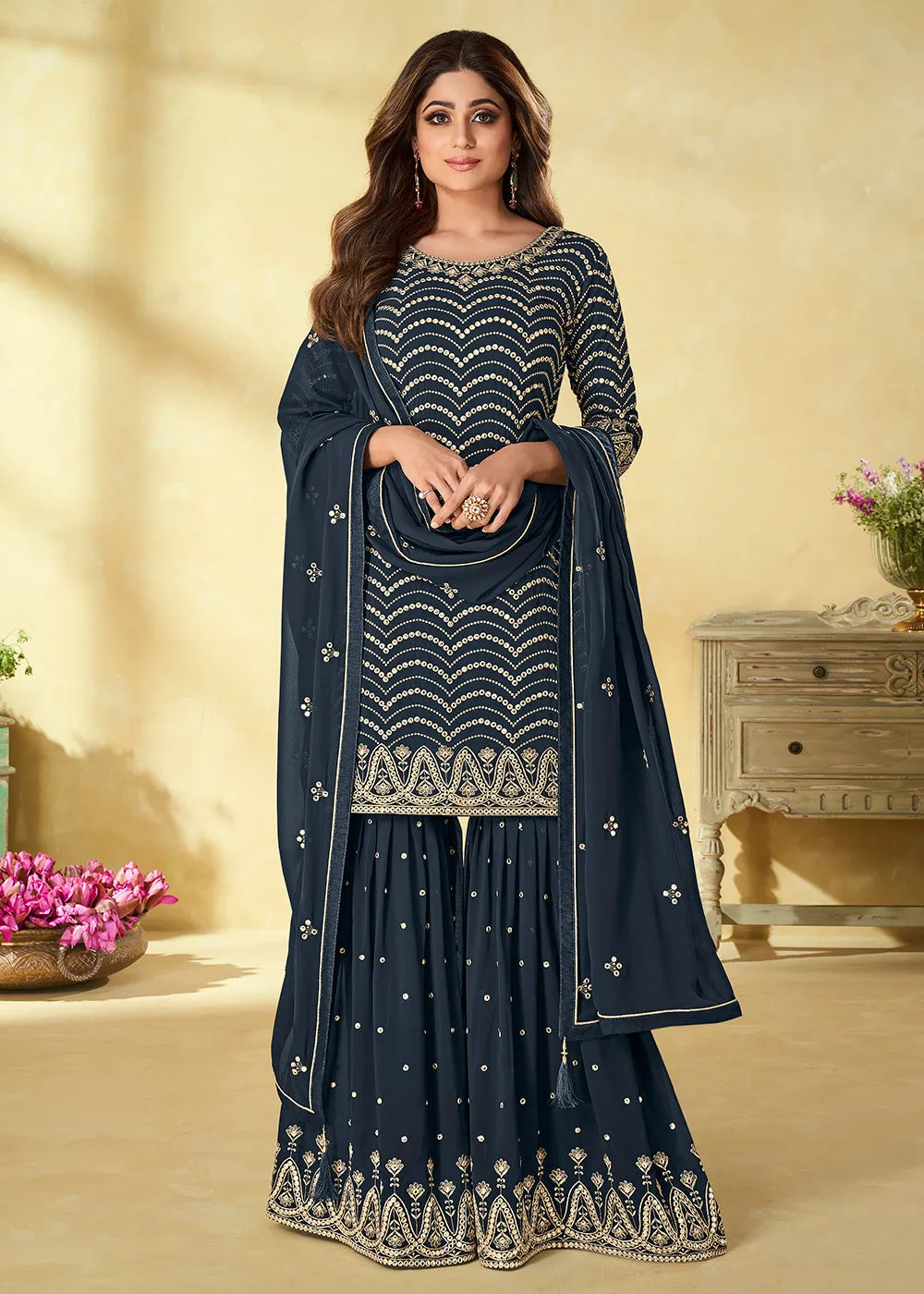 Foil Mirror Awesome Blue Festive Wear Palazzo Suit