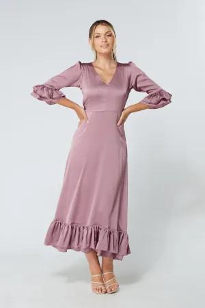 Francesca Frilled Hem Satin-Feel Lilac Midaxi Dress