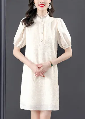 French Beige Stand Collar Lace Patchwork Button Mid Dress Summer LY4518