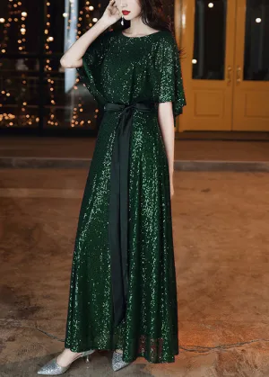 French Blackish Green Sequins Tie Waist Silk Vacation Dresses Summer YY019