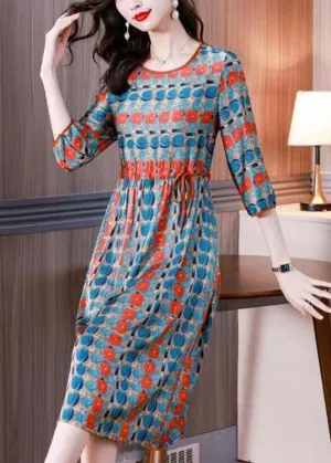 French Colorblock O Neck Print Drawstring Patchwork Silk Dresses Summer LY4488