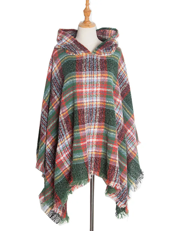 Fringed Hooded Keep Warm Plaid Cape Shawl&Cloak