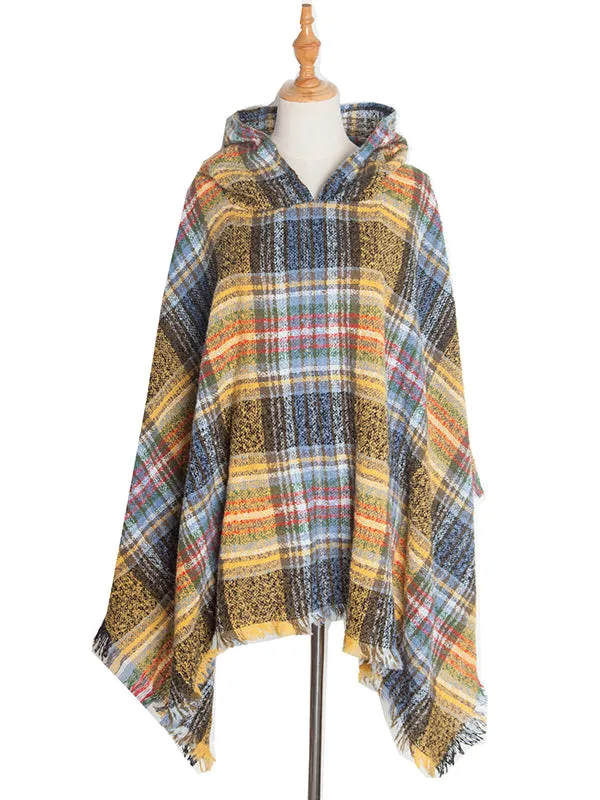 Fringed Hooded Keep Warm Plaid Cape Shawl&Cloak