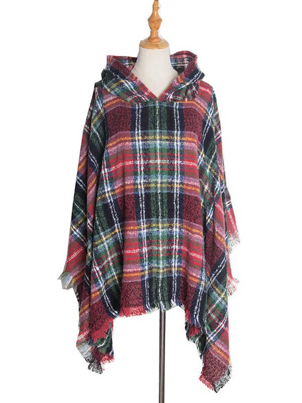 Fringed Hooded Keep Warm Plaid Cape Shawl&Cloak