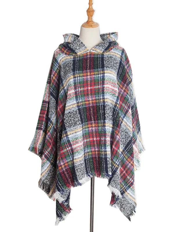 Fringed Hooded Keep Warm Plaid Cape Shawl&Cloak