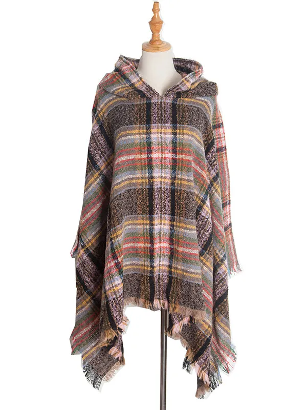 Fringed Hooded Keep Warm Plaid Cape Shawl&Cloak