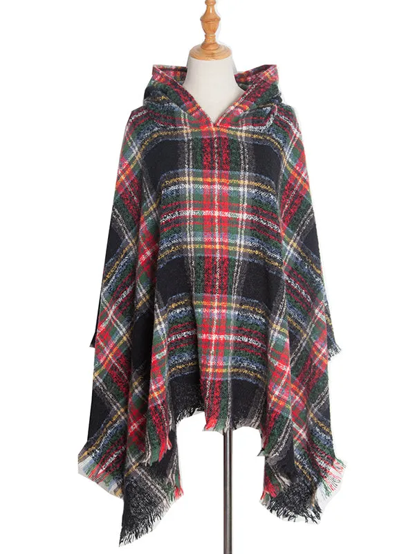 Fringed Hooded Keep Warm Plaid Cape Shawl&Cloak