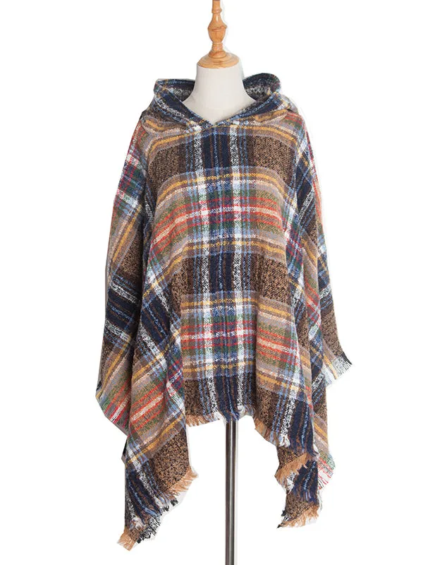 Fringed Hooded Keep Warm Plaid Cape Shawl&Cloak