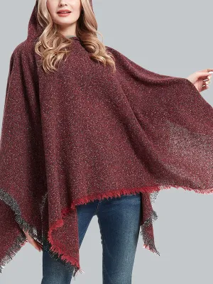 Fringed Hooded Keep Warm Solid Color Cape Shawl&Cloak