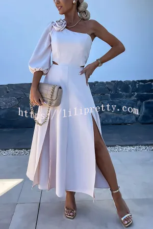 Full of Charm Rose Embellished One Shoulder Cutout Slit Midi Dress
