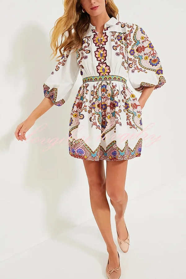 Fun and Vibrant Linen Blend Unique Print Puff Sleeve Pocketed Shirt Mini Dress