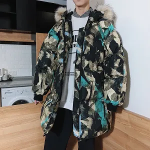 Fur Hoodie Abstract Printed Streetwear Style Men Warm Jacket